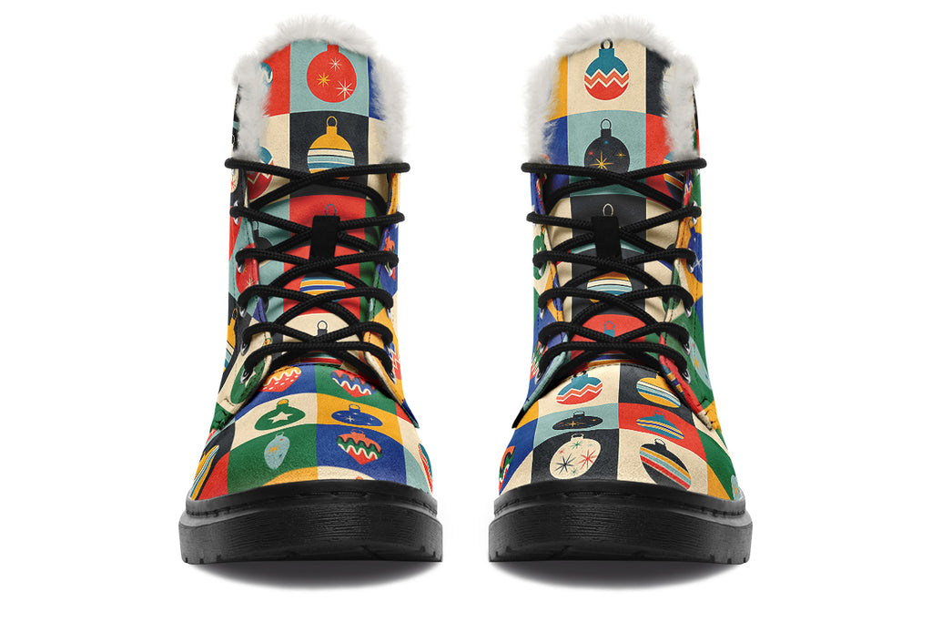 Retro Xmas Baubles Faux Fur Boots - Offbeat Sweetie