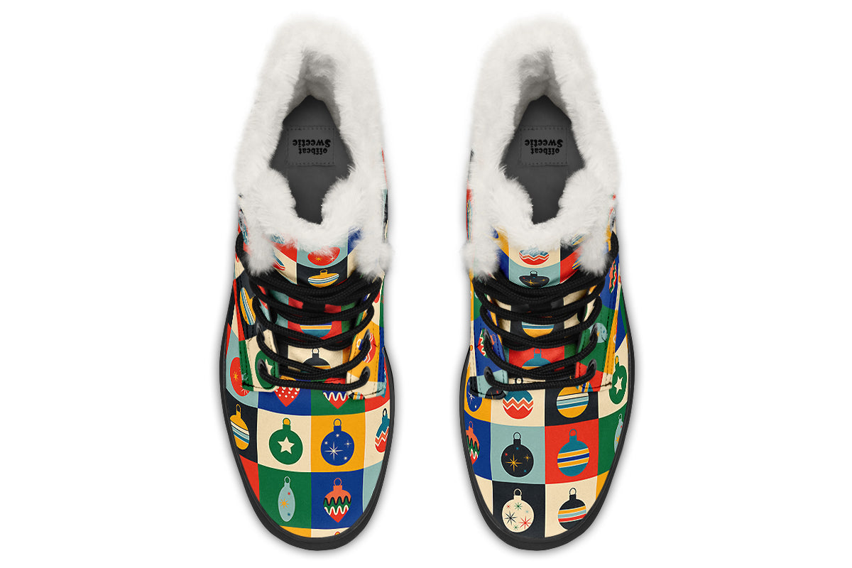 Retro Xmas Baubles Faux Fur Boots - Offbeat Sweetie