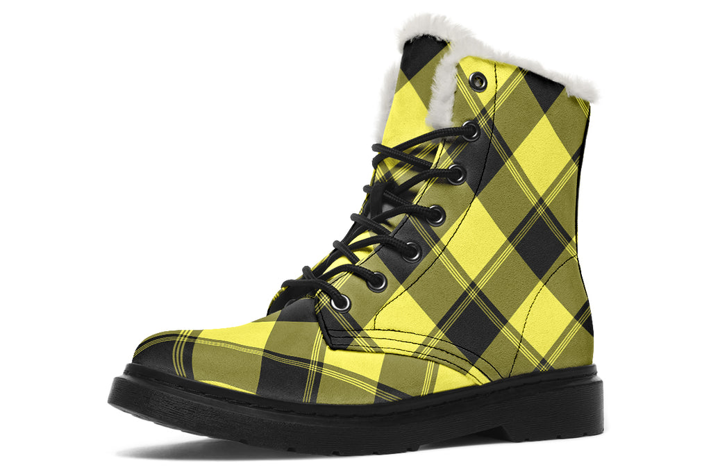 Sunny Yellow Plaid Faux Fur Boots