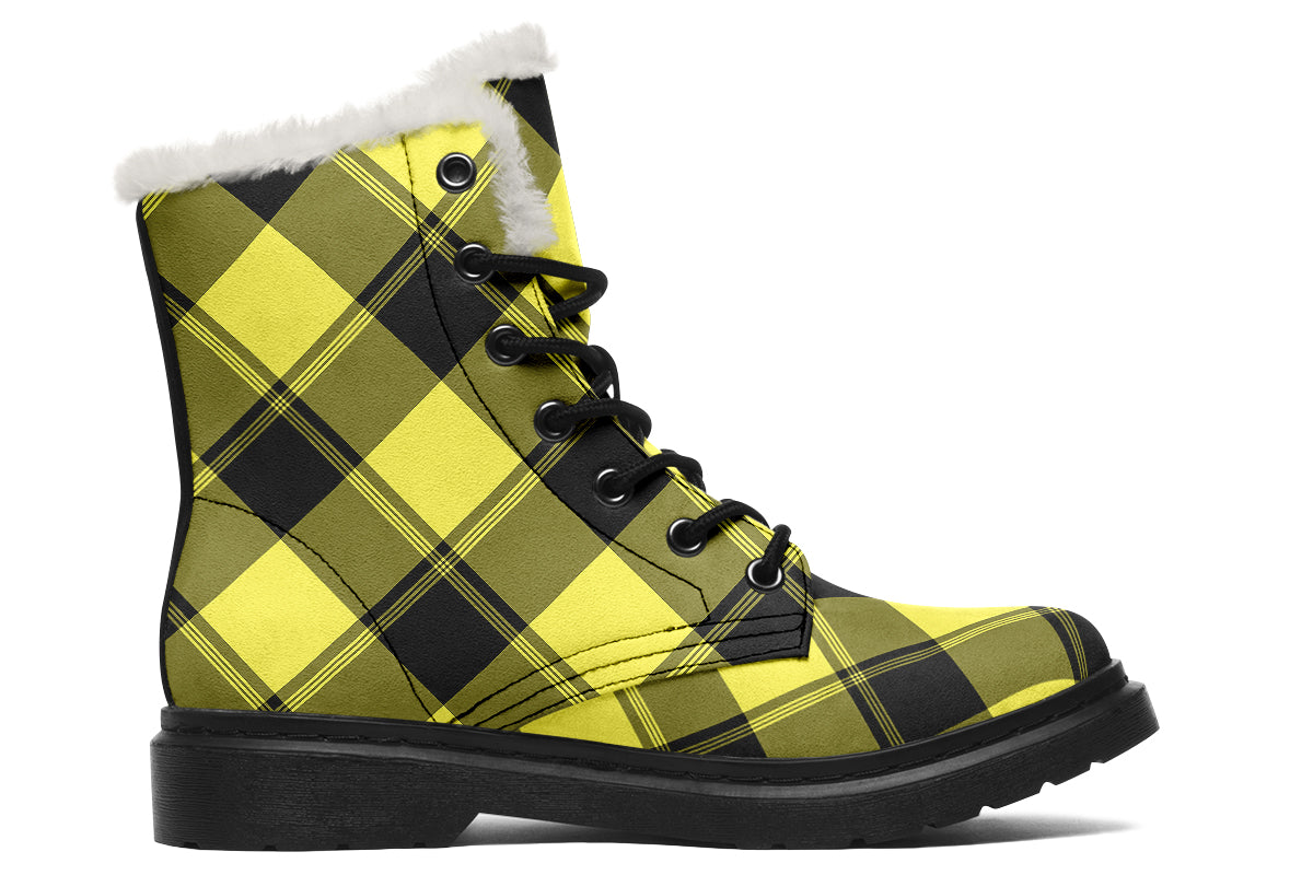 Sunny Yellow Plaid Faux Fur Boots