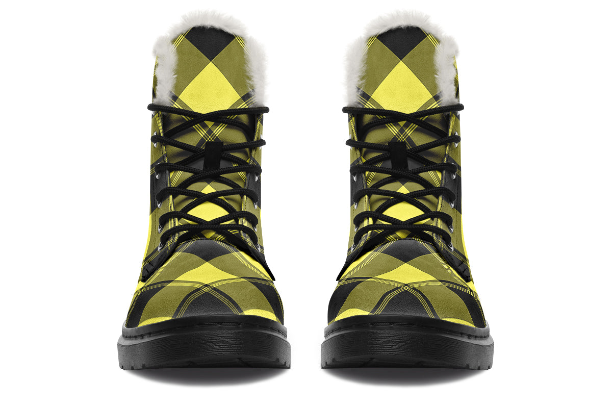 Sunny Yellow Plaid Faux Fur Boots