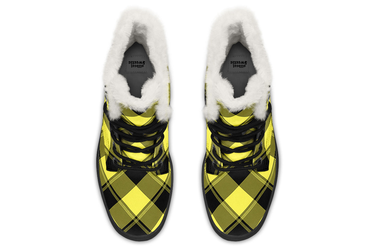 Sunny Yellow Plaid Faux Fur Boots