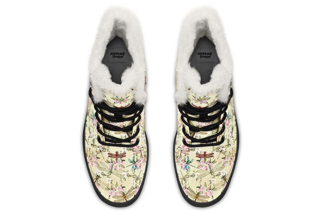 Vintage Dragonflies Faux Fur Boots - Offbeat Sweetie