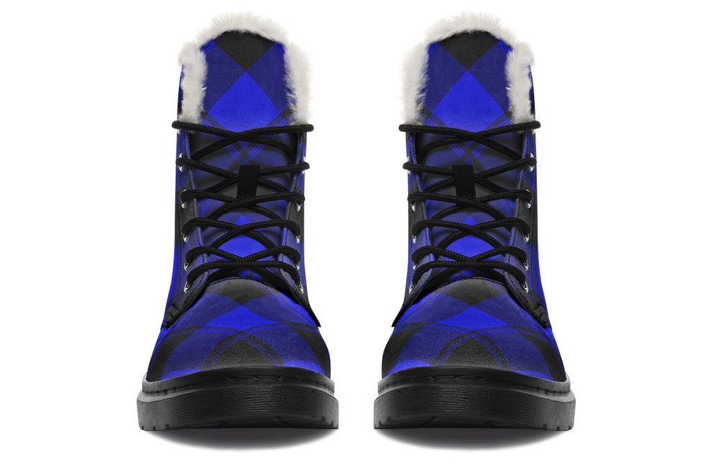 Vivid Blue Plaid Faux Fur Boots