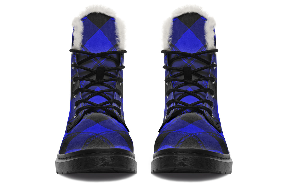 Vivid Blue Plaid Faux Fur Boots