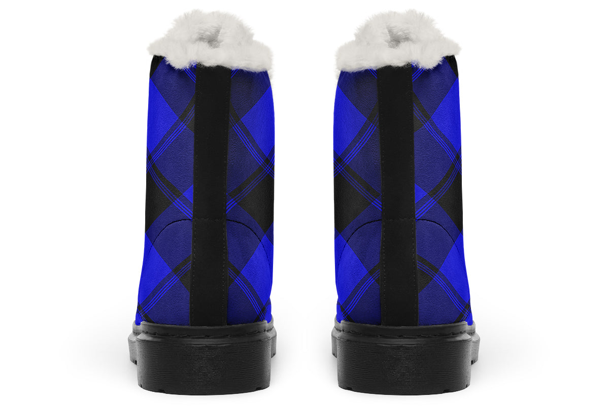 Vivid Blue Plaid Faux Fur Boots