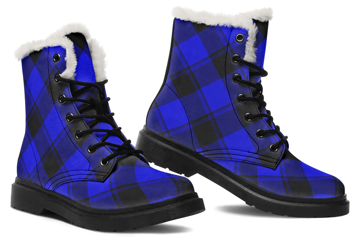 Vivid Blue Plaid Faux Fur Boots