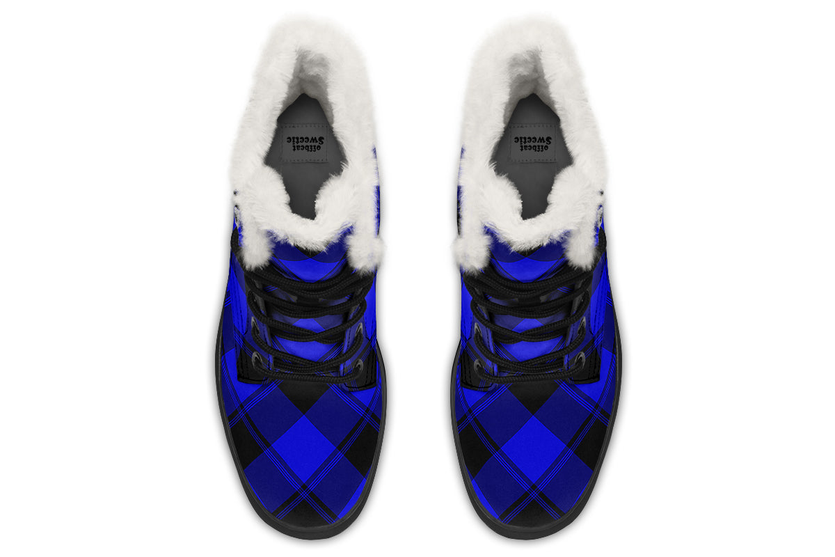 Vivid Blue Plaid Faux Fur Boots