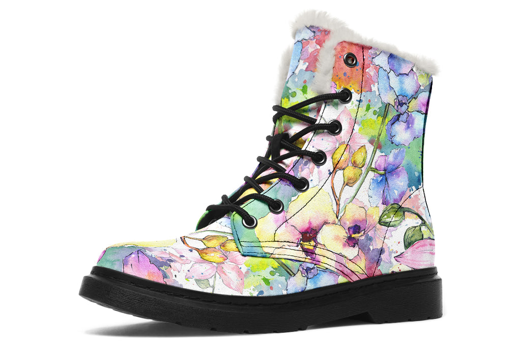 Watercolour Flowers Faux Fur Boots - Offbeat Sweetie