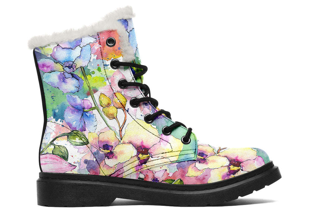 Watercolour Flowers Faux Fur Boots - Offbeat Sweetie