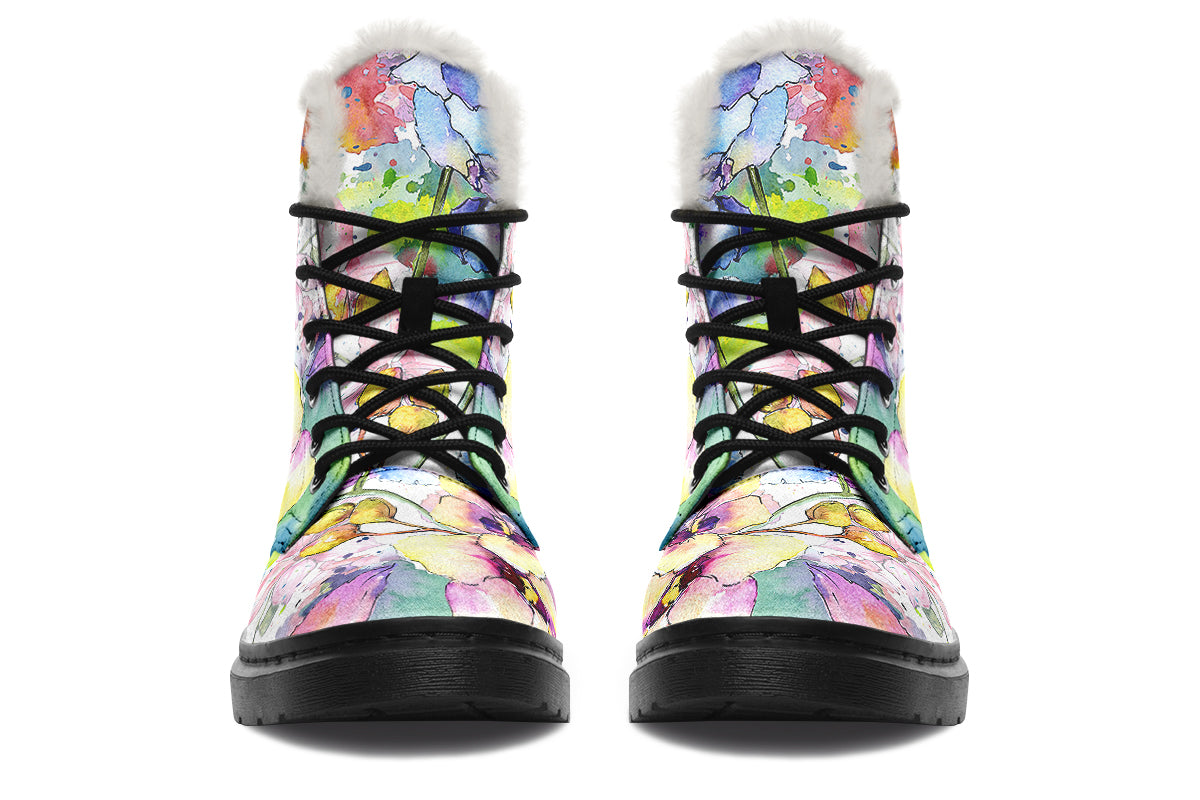 Watercolour Flowers Faux Fur Boots - Offbeat Sweetie