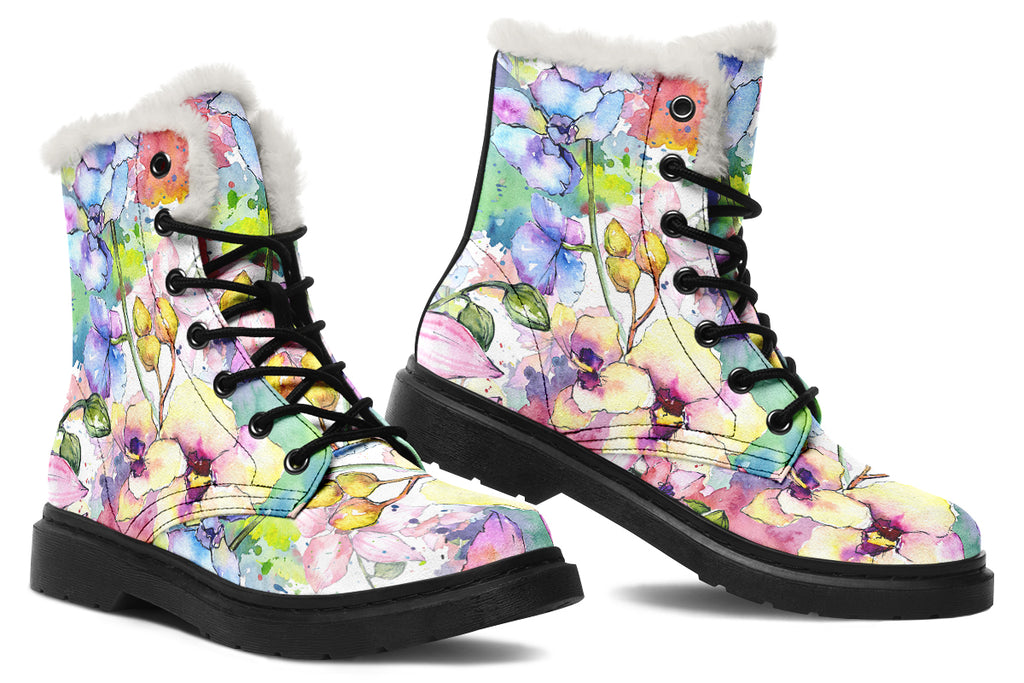 Watercolour Flowers Faux Fur Boots - Offbeat Sweetie