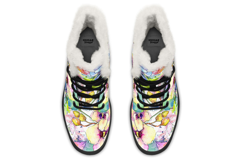 Watercolour Flowers Faux Fur Boots - Offbeat Sweetie