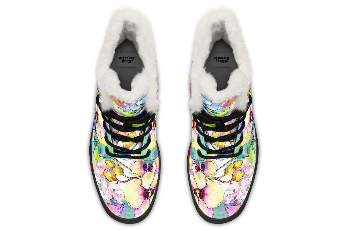 Watercolour Flowers Faux Fur Boots - Offbeat Sweetie