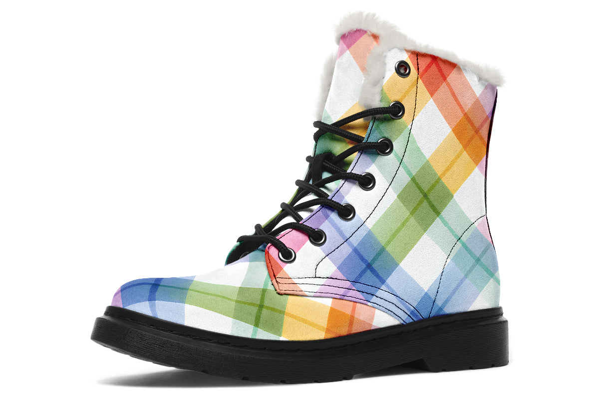 Watercolour Rainbow Plaid Faux Fur Boots