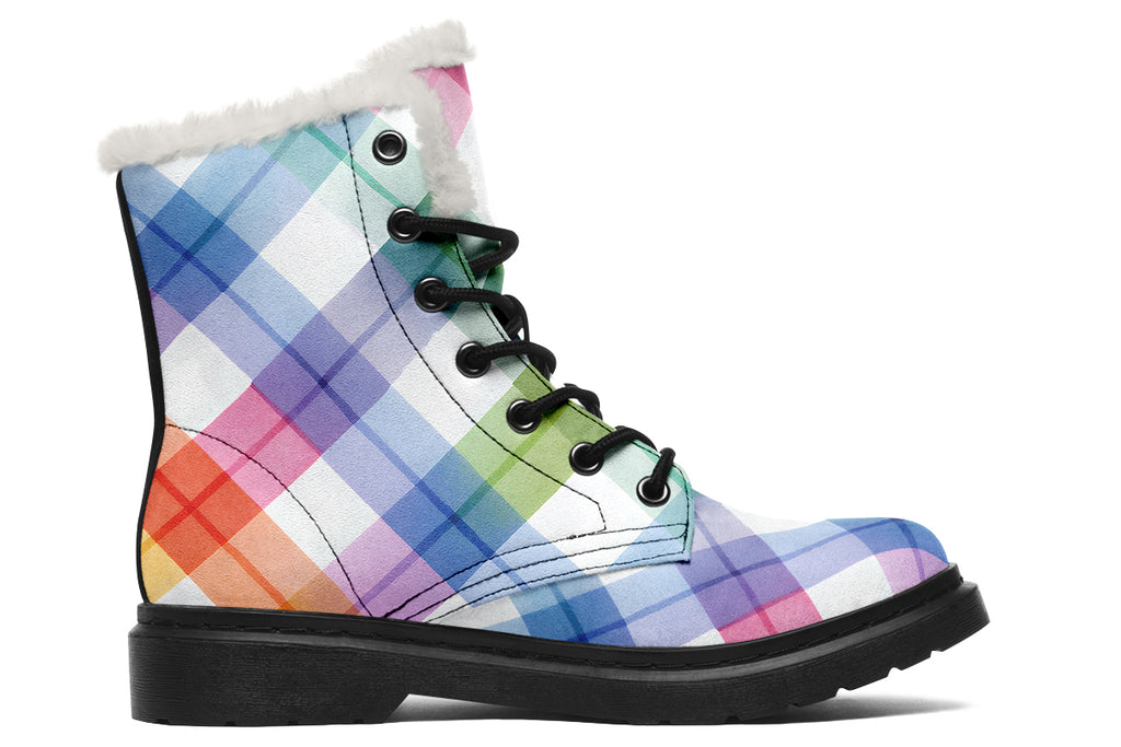 Watercolour Rainbow Plaid Faux Fur Boots