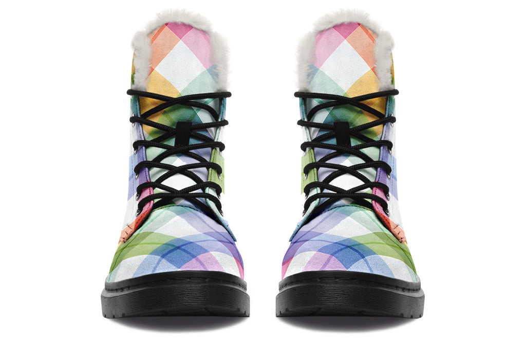 Watercolour Rainbow Plaid Faux Fur Boots