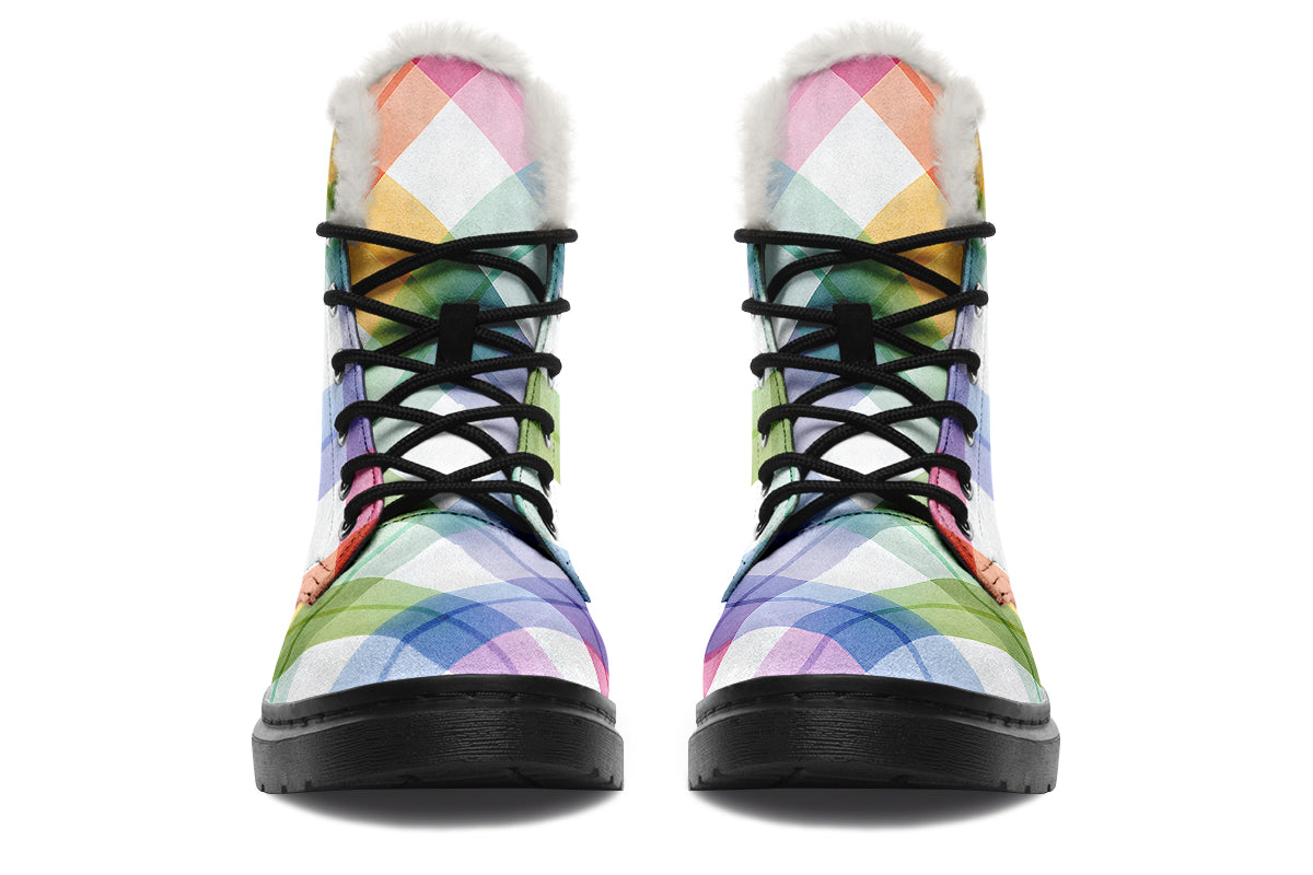 Watercolour Rainbow Plaid Faux Fur Boots