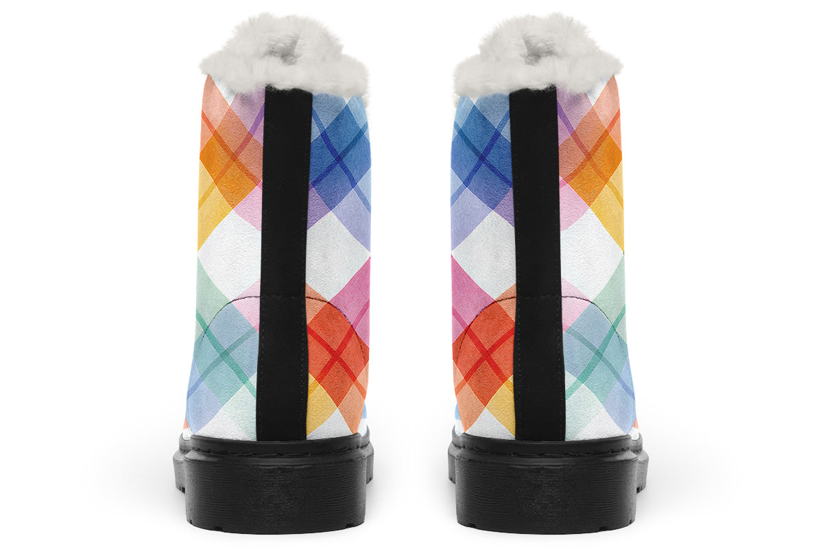 Watercolour Rainbow Plaid Faux Fur Boots