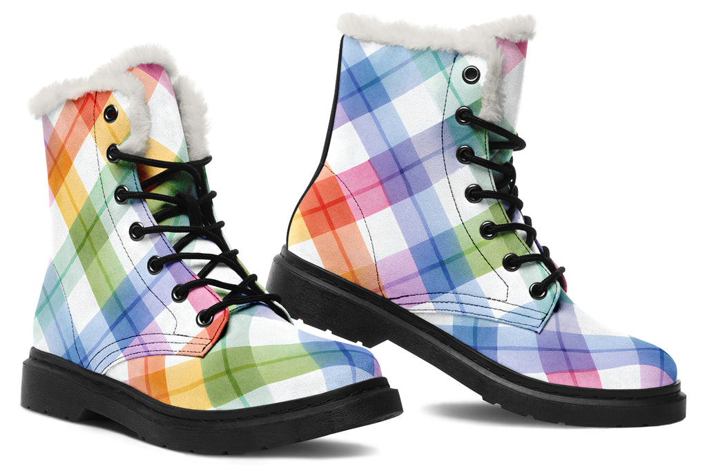 Watercolour Rainbow Plaid Faux Fur Boots