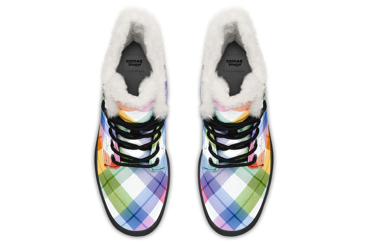 Watercolour Rainbow Plaid Faux Fur Boots