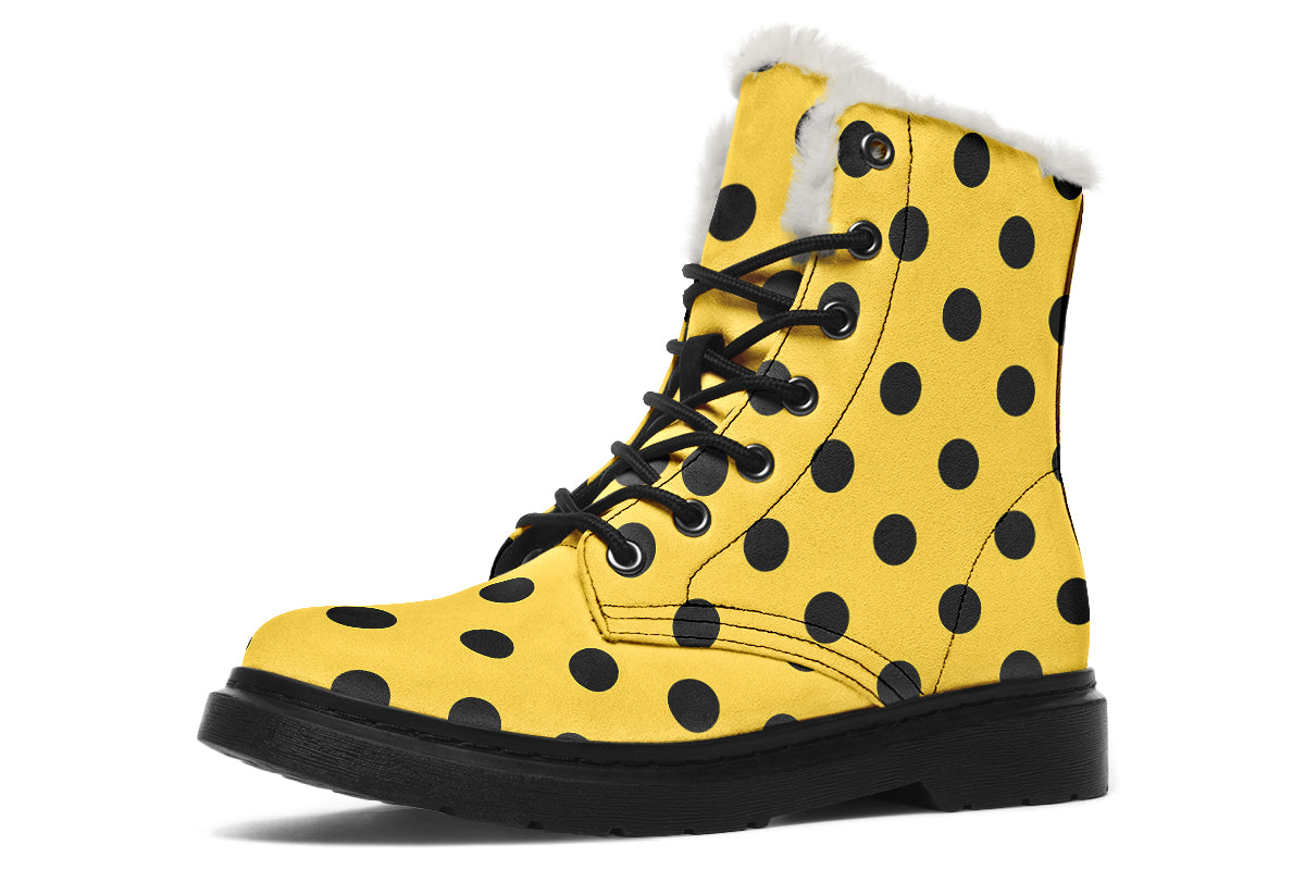 Yellow And Black Polka Dot Faux Fur Boots