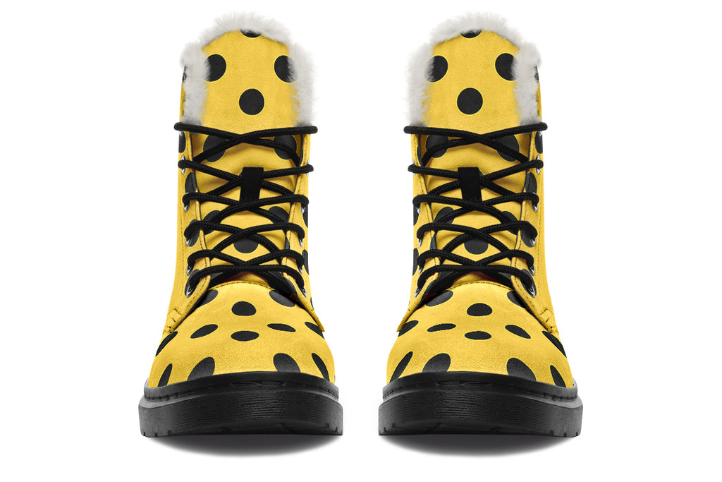 Yellow And Black Polka Dot Faux Fur Boots