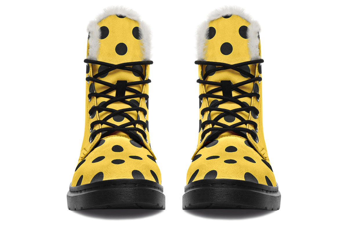Yellow And Black Polka Dot Faux Fur Boots