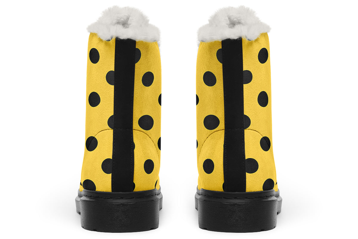 Yellow And Black Polka Dot Faux Fur Boots