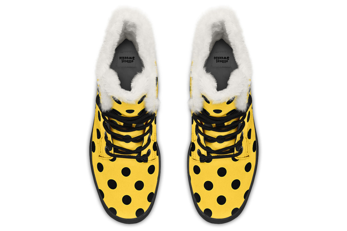 Yellow And Black Polka Dot Faux Fur Boots