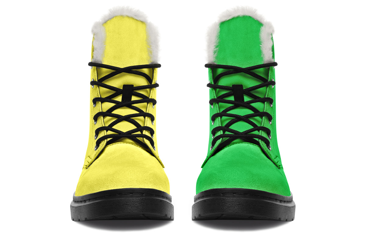 Yellow And Green Mismatch Faux Fur Boots - Offbeat Sweetie