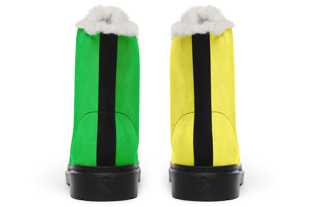Yellow And Green Mismatch Faux Fur Boots - Offbeat Sweetie