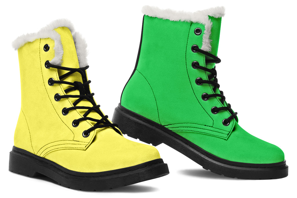 Yellow And Green Mismatch Faux Fur Boots - Offbeat Sweetie