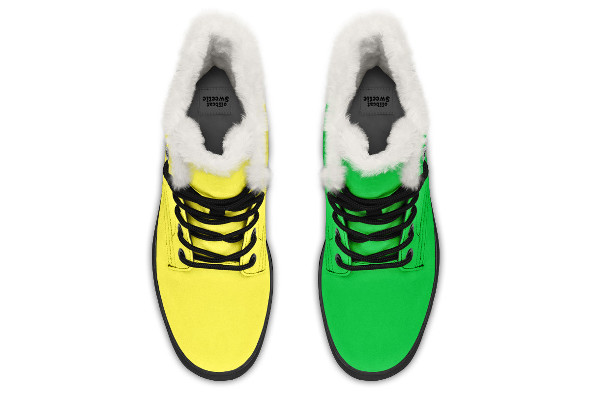 Yellow And Green Mismatch Faux Fur Boots - Offbeat Sweetie