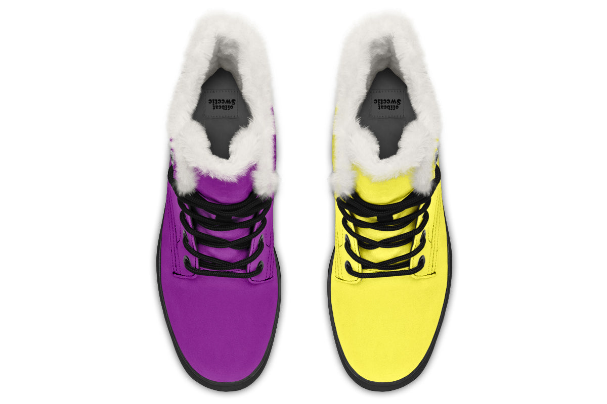 Yellow And Purple Mismatch Faux Fur Boots - Offbeat Sweetie