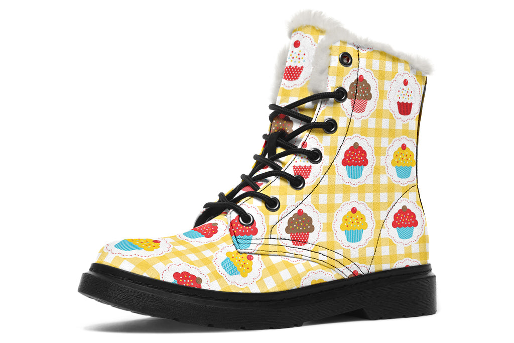 Yellow Gingham Cupcakes Faux Fur Boots