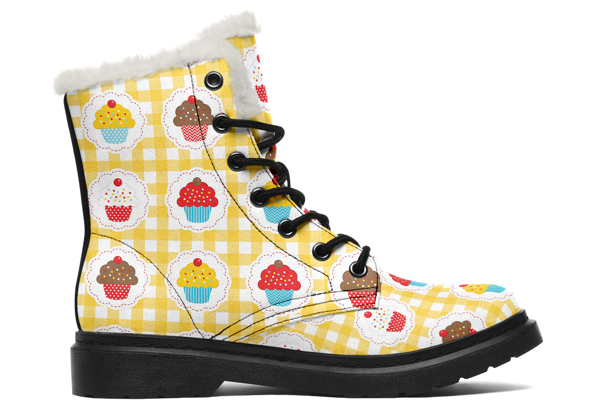 Yellow Gingham Cupcakes Faux Fur Boots