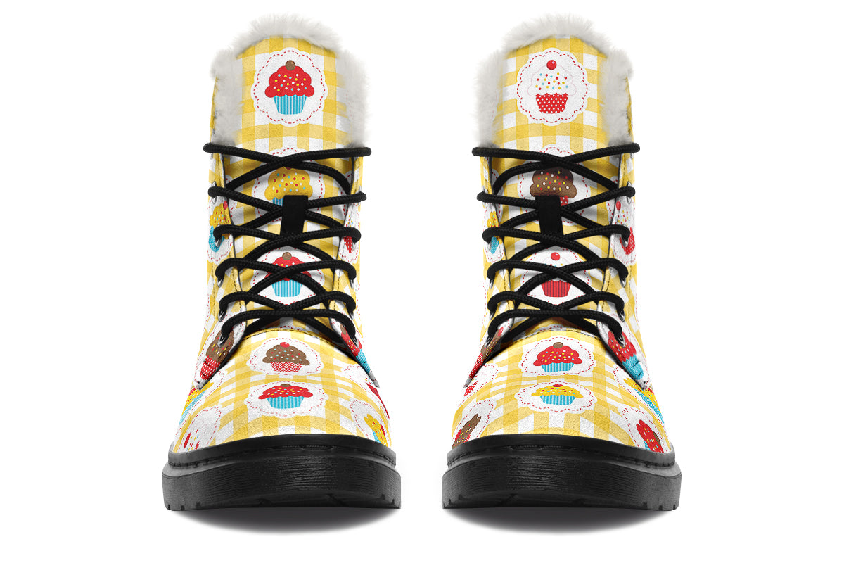 Yellow Gingham Cupcakes Faux Fur Boots