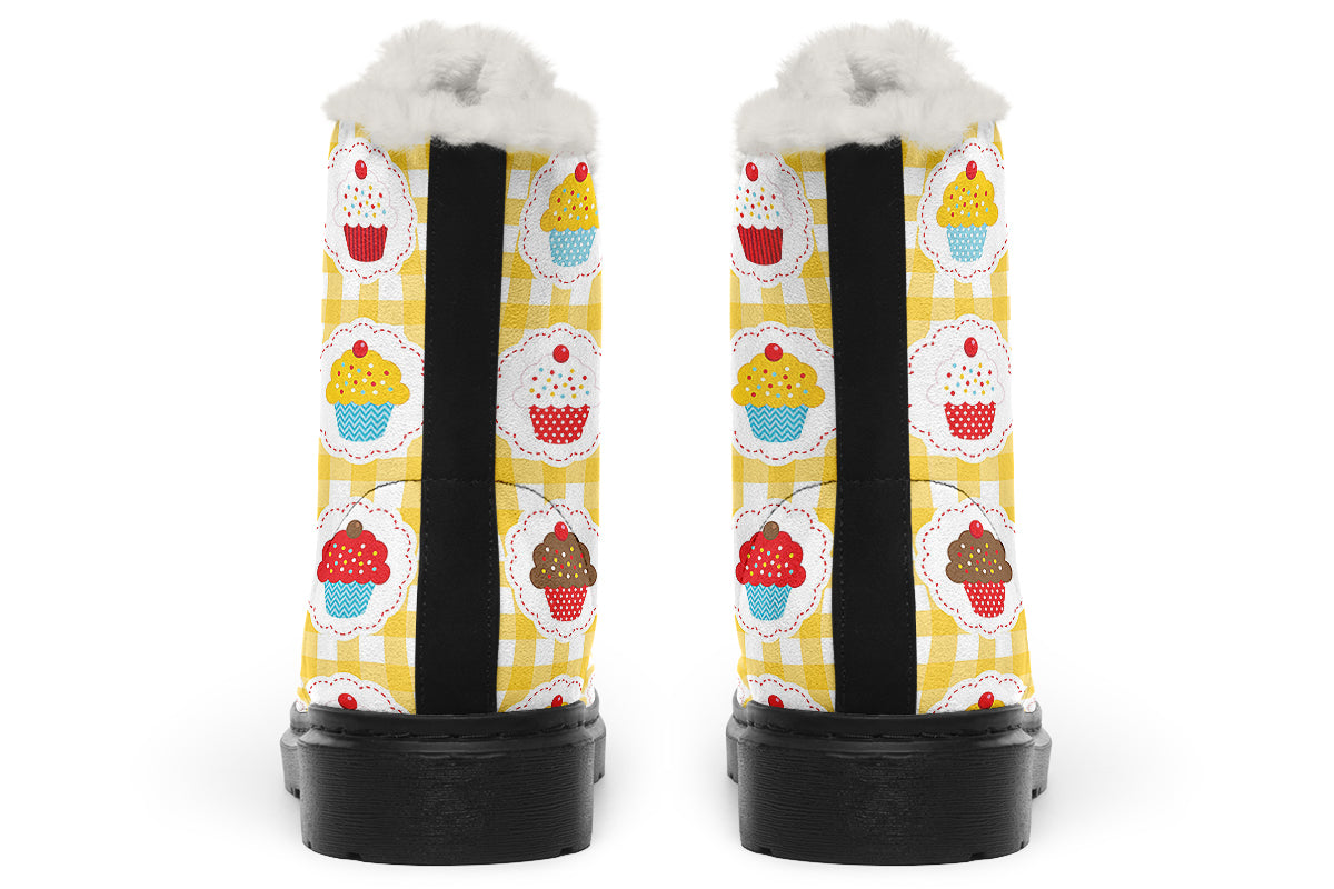 Yellow Gingham Cupcakes Faux Fur Boots
