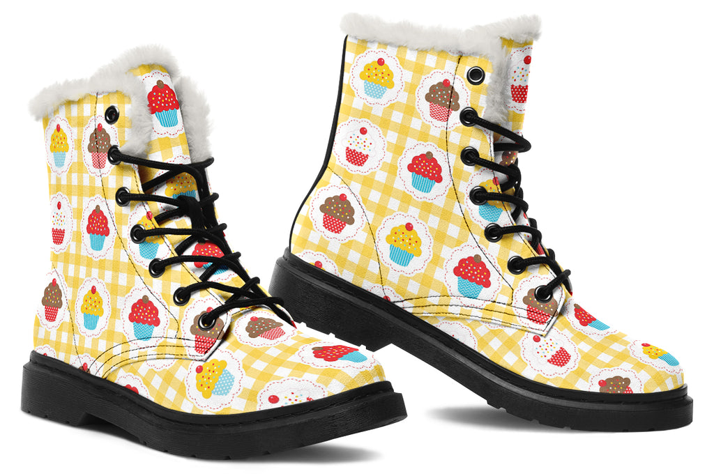 Yellow Gingham Cupcakes Faux Fur Boots
