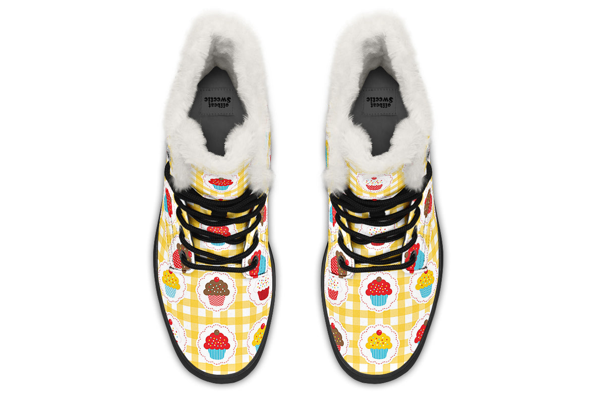 Yellow Gingham Cupcakes Faux Fur Boots