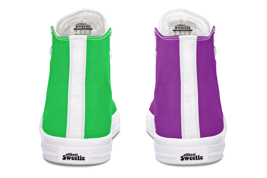 Green And Purple Mismatch High Tops - Offbeat Sweetie