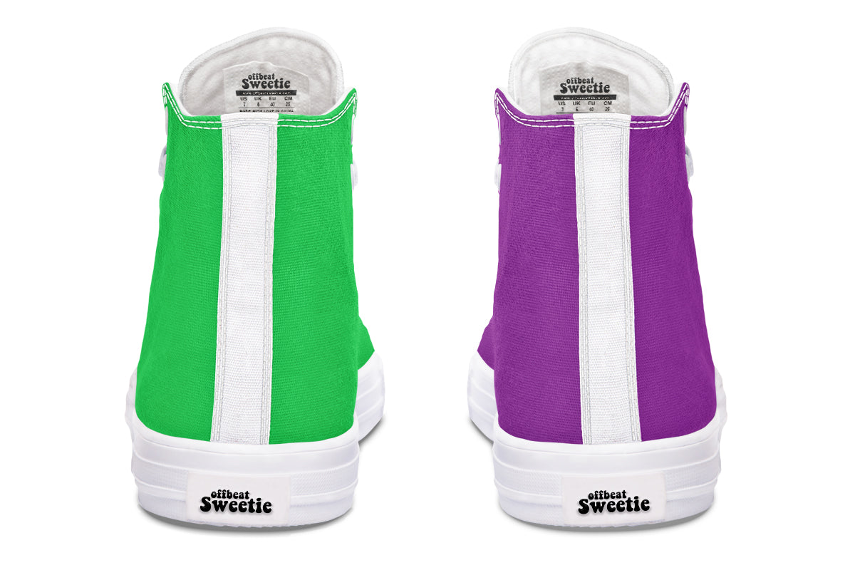 Green And Purple Mismatch High Tops - Offbeat Sweetie