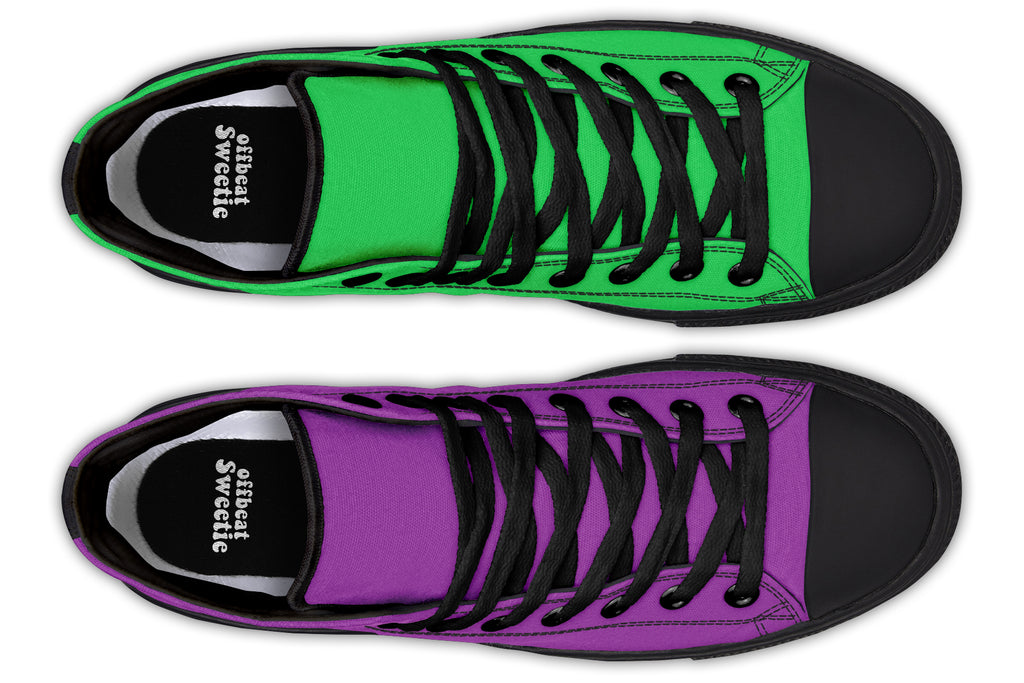 Green And Purple Mismatch High Tops - Offbeat Sweetie
