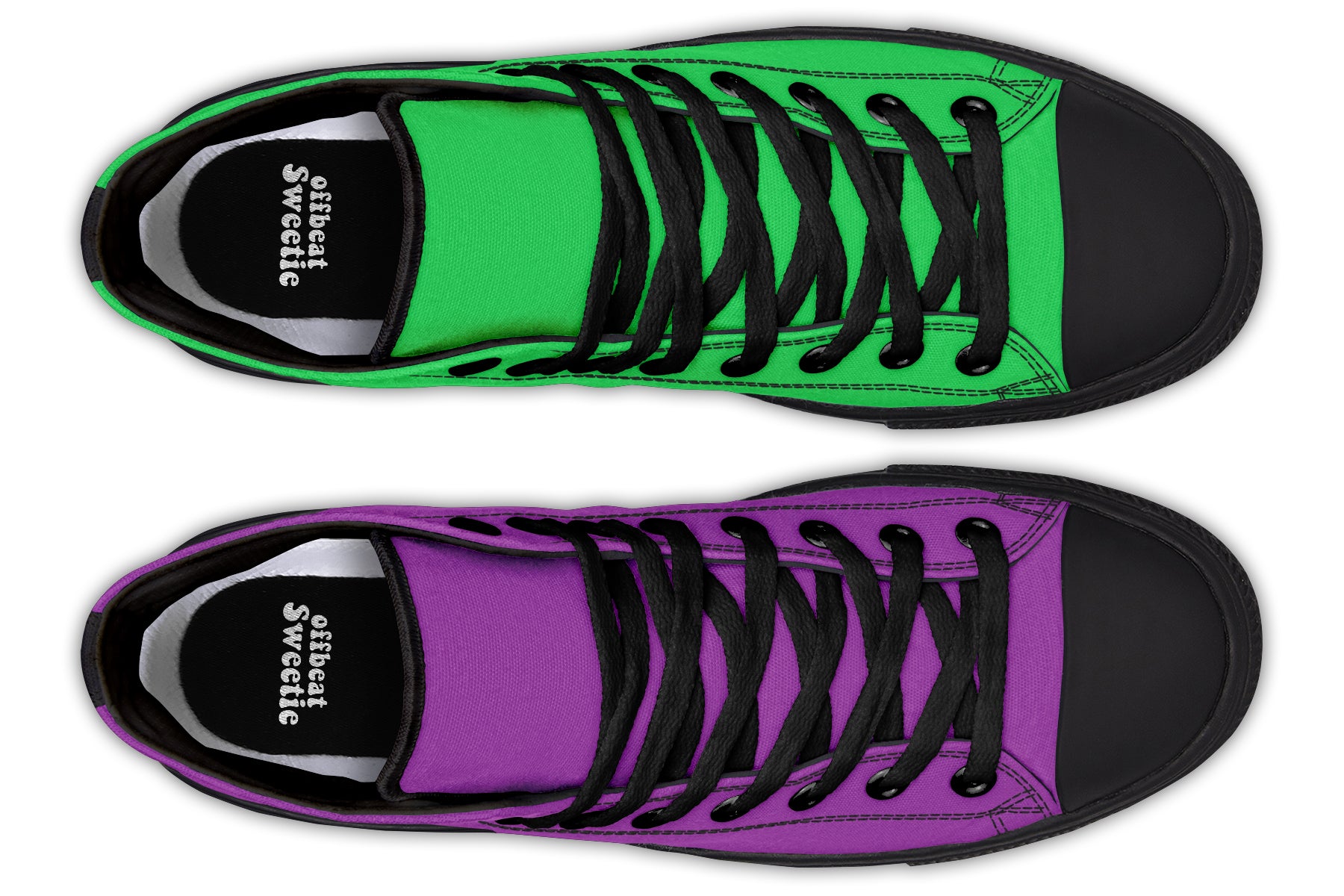 Green And Purple Mismatch High Tops - Offbeat Sweetie