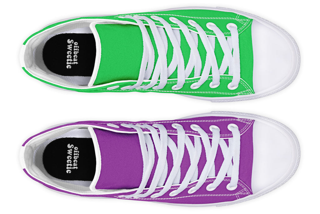 Green And Purple Mismatch High Tops - Offbeat Sweetie