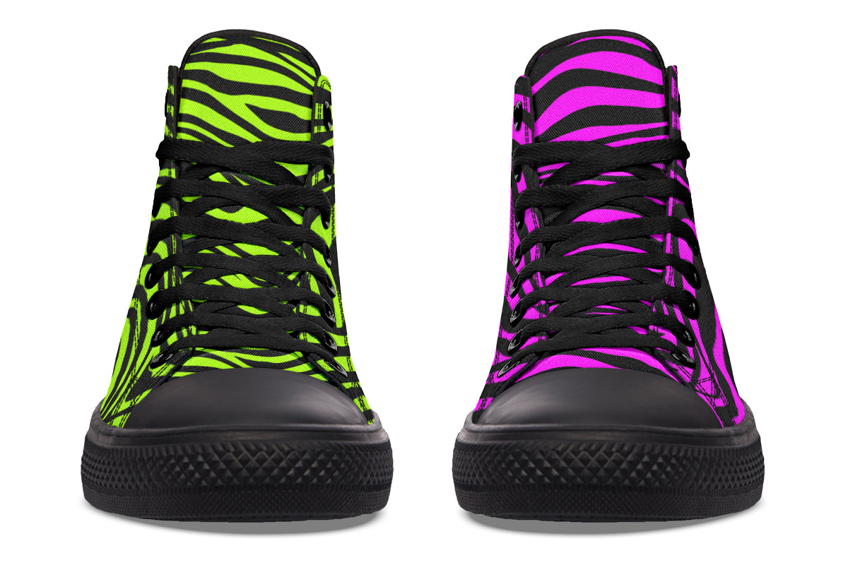 Green and Fuchsia Mismatched Neon Zebra High Tops