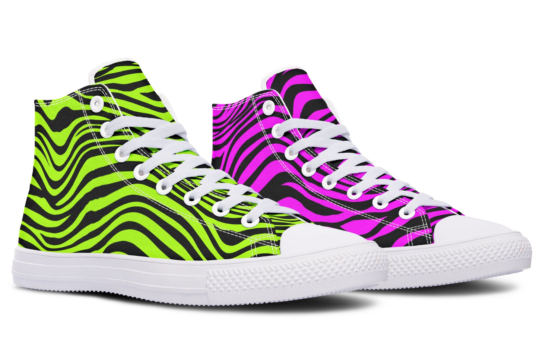 Green and Fuchsia Mismatched Neon Zebra High Tops