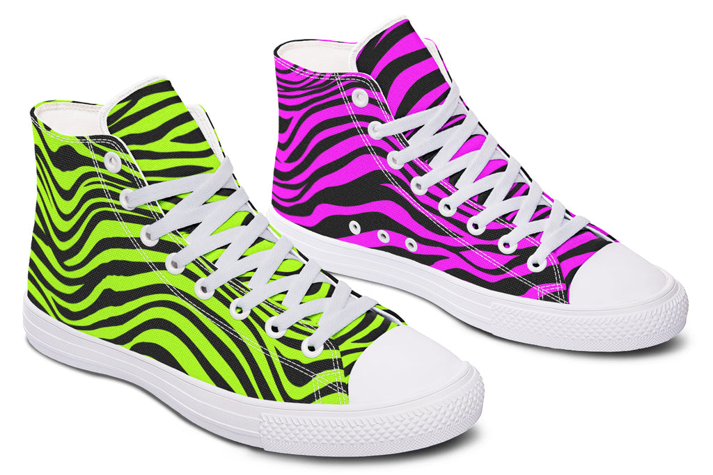 Green and Fuchsia Mismatched Neon Zebra High Tops