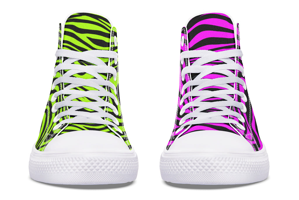 Green and Fuchsia Mismatched Neon Zebra High Tops